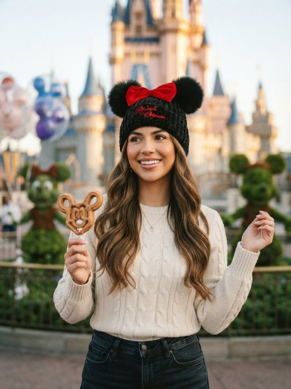 NWT Disney Minnie Mouse Beanie with Red Velvet Bow & Pompom Ears